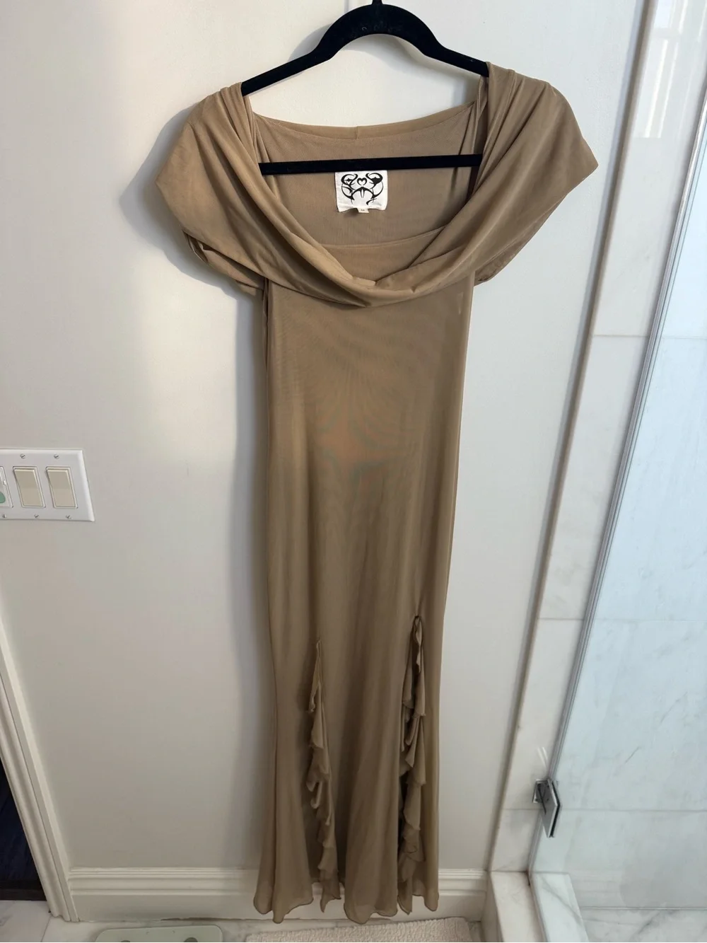 CYBERBUNNY Taupe Hooded Mesh Maxi Dress | Size M | Ruffle Slit